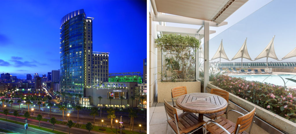 Exterior of the Omni San Diego Hotel (left) and balcony area with a table and chairs (left)