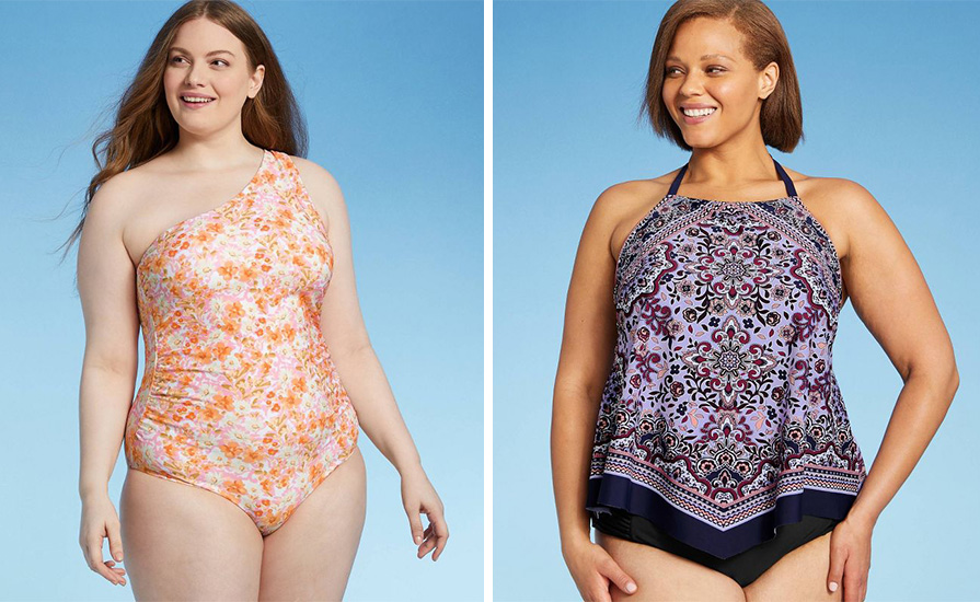 Two women wearing patterned swimsuits from Target