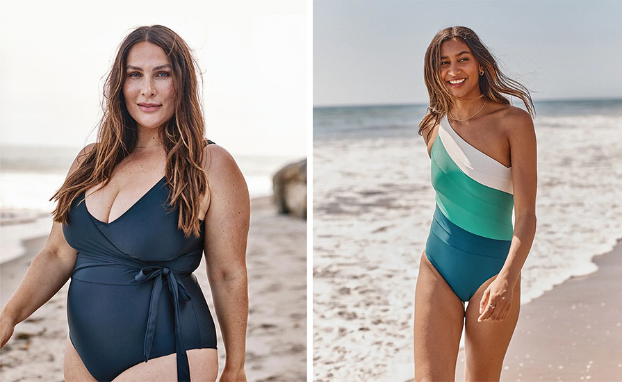 Woman wearing black SummerSalt wrap swimsuit (left) and woman wearing a multi-color one-shoulder swimsuit from SummerSalt (right)
