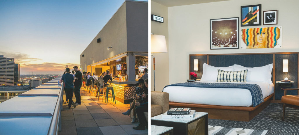 Rooftop bar and patio at The Troubadour in New Orleans (left) and interior of room at The Troubadour (right)