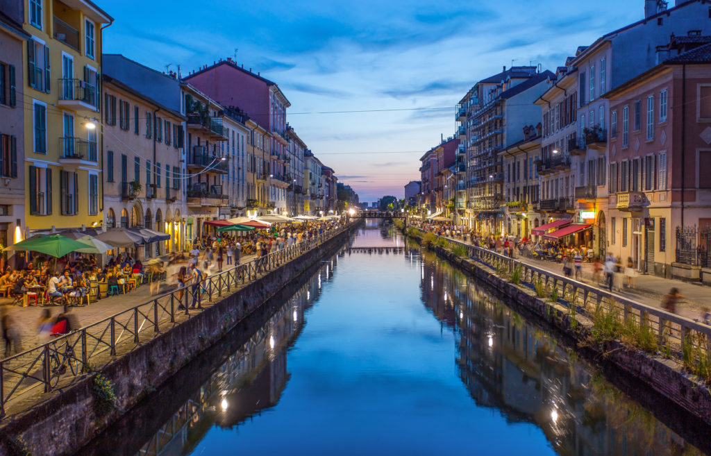 Naviglio Grande canal in Milan, Italy at night