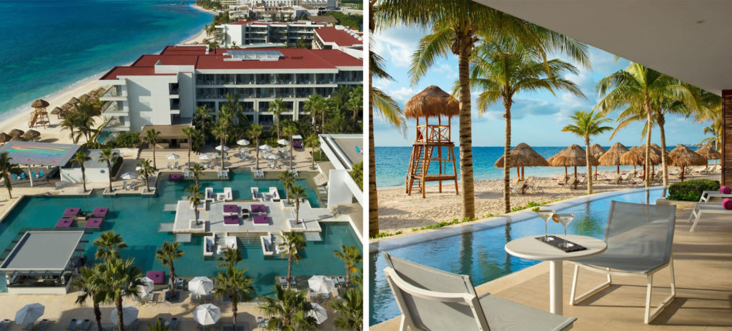 Aerial view of the pool and exterior of Breathless Riviera Cancún Resort & Spa Adults Only All-Inclusive (left) and view from pool deck over the beach at Breathless Riviera Cancún Resort & Spa Adults Only All-Inclusive (right)