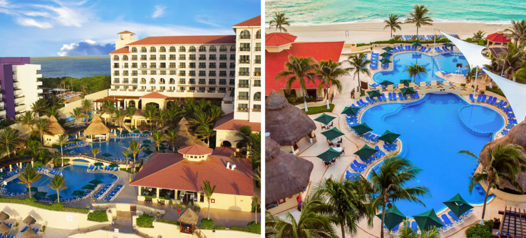 Aerial view of exterior of GR Solaris Cancún All-Inclusive Beach Resort (left) and aerial view of pool and beach at GR Solaris Cancún All-Inclusive Beach Resort (right)