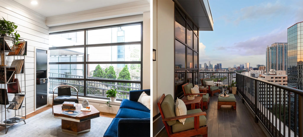 Interior seating area at Hutton Hotel (left) and deck off a room at Hutton Hotel overlooking the city at dusk (right)