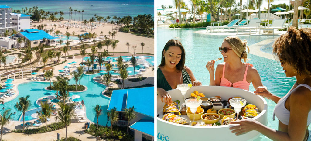 Aerial view of the pool and beach at Margaritaville Island Reserve Riviera Cancún by Karisma All-Inclusive (left) and three woman eating chips, tacos, and margaritas in the pool (right)