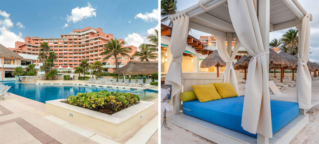 Exterior of Omni Cancún Hotel and Villas All-Inclusive and pool (left) and queen bed with canopy on the beach at Omni Cancún Hotel and Villas All-Inclusive (right)