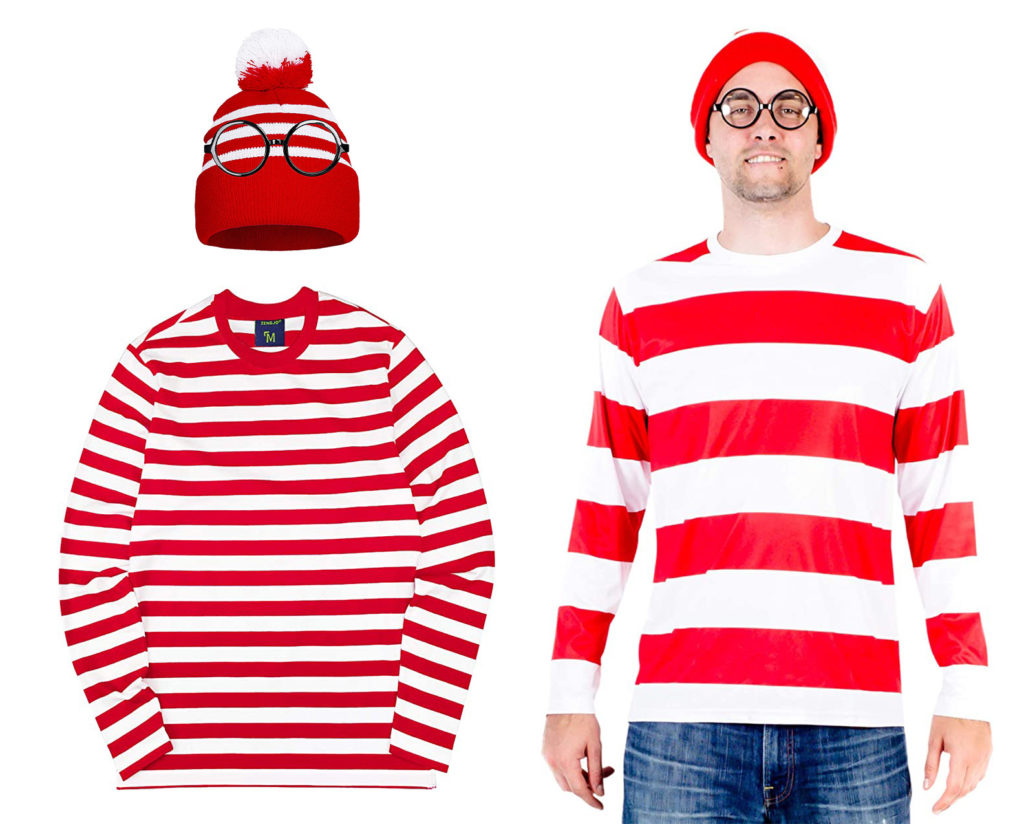 Red and white striped shirt and hat with round black glasses (left) and a man wearing a Where's Waldo outfit (right)