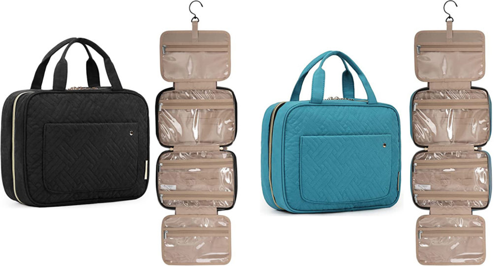 Two colors of the Bagsmart Toiletry Bag and two examples of the Bagsmart Toiletry Bag open to its full capacity