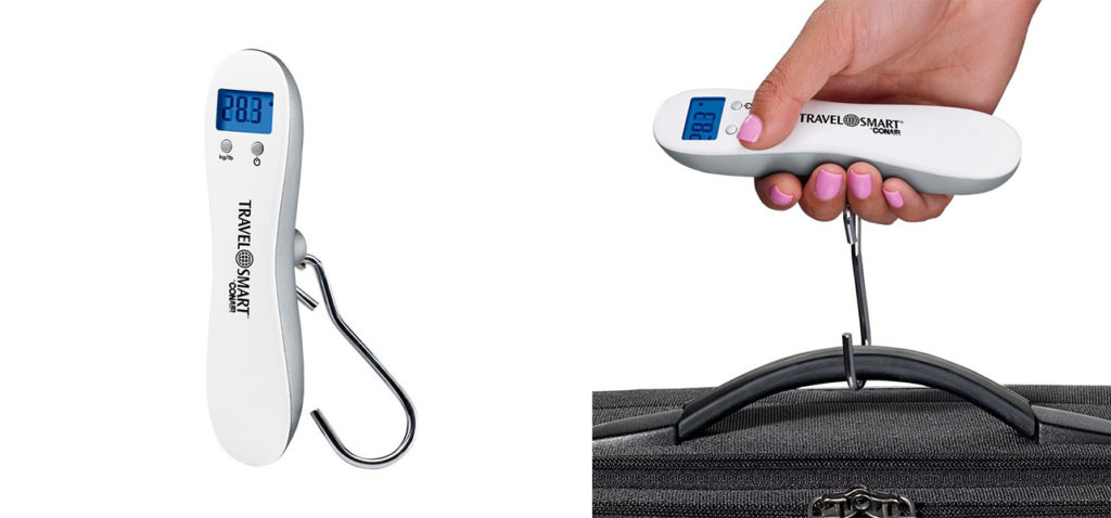 Standalone image of the Travel Smart by Conair Digital Luggage Scale (left) and close up of person using Travel Smart by Conair Digital Luggage Scale to weigh luggage (right)