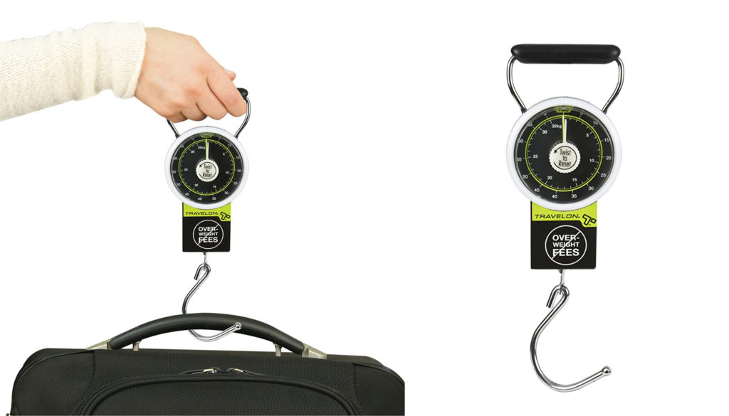 Close up of person using Travelon Stop & Lock Luggage Scale to weigh luggage (left) and standalone image of Travelon Stop & Lock Luggage Scale (right)