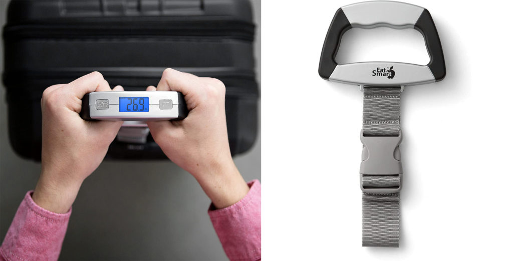 Close up of person using the EatSmart SmartGrip Luggage Scale to weigh luggage (left) and standalone close up image of the scale (right)