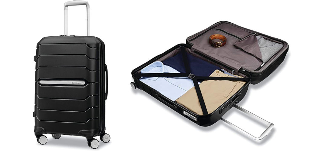 Samsonite Freeform Hardside Expandable 21-Inch Carry-On standing upright (left) and Samsonite Freeform Hardside Expandable 21-Inch Carry-On laying open on its side (right)