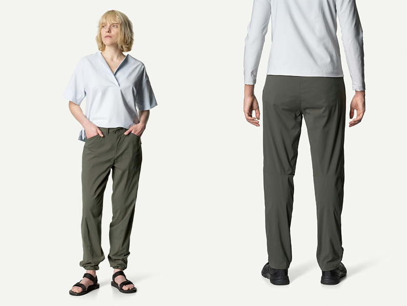 Two views of the Houdini Wadi Pants in muted green