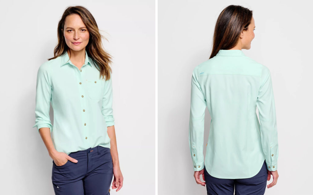 Model showing two views of the Orvis Long-Sleeved Tech Chambray Shirt in light teal