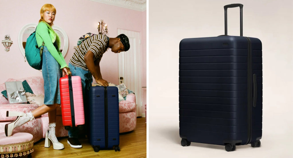 Two people in a colorful, pink room rolling their Away Suitcases (left) and a single Away Suitcase in black (right)