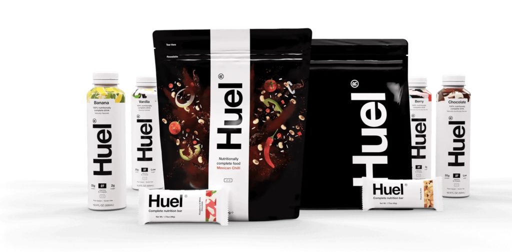 Line of products from Huel, from protein shakes to full meal replacements