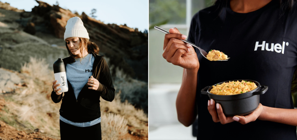 Woman drinking from a Huel water bottle wearing Huel merch (left) and close up of woman wearing Huel merch eating a Huel hot meal