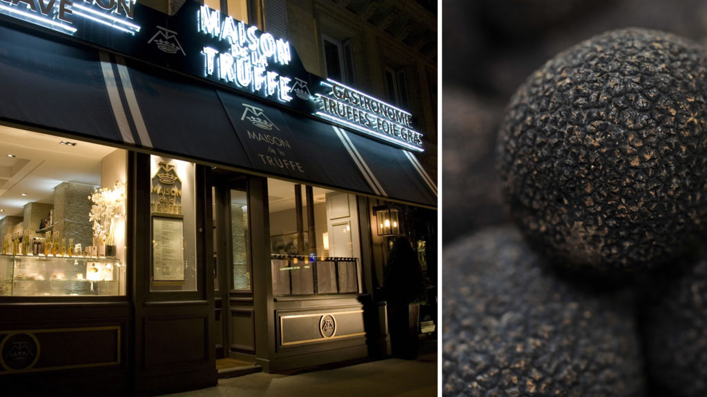 Exterior of Maison de la Truffle in Paris, France (left) and close up of truffles (right)