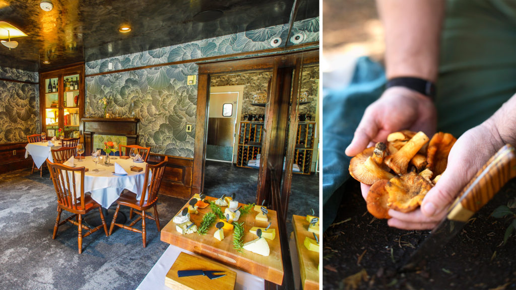 Interior of the Joel Palmer House Restaurant in Dayton, Oregon (left) and hands holding a handful of mushrooms (left)