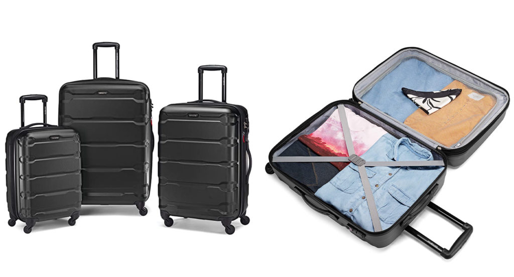 Three sizes of Samsonite Omni Expandable Hardside Luggage (left) and an open, fully packed Samsonite Omni Expandable Hardside suitcase (right)