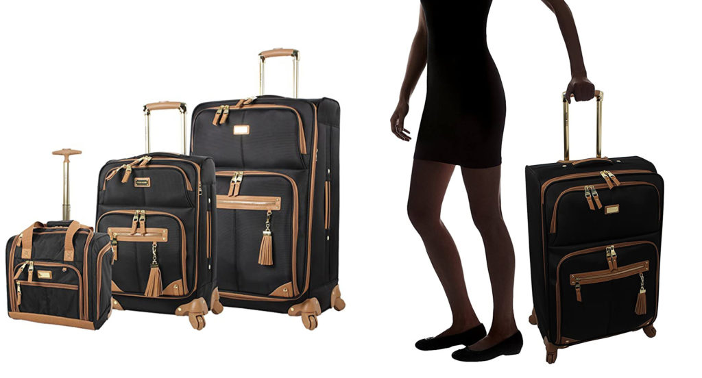 Steve Madden Designer Luggage Collection (left) and a single suitcase from the set, as compared to the height of an adult woman (right)