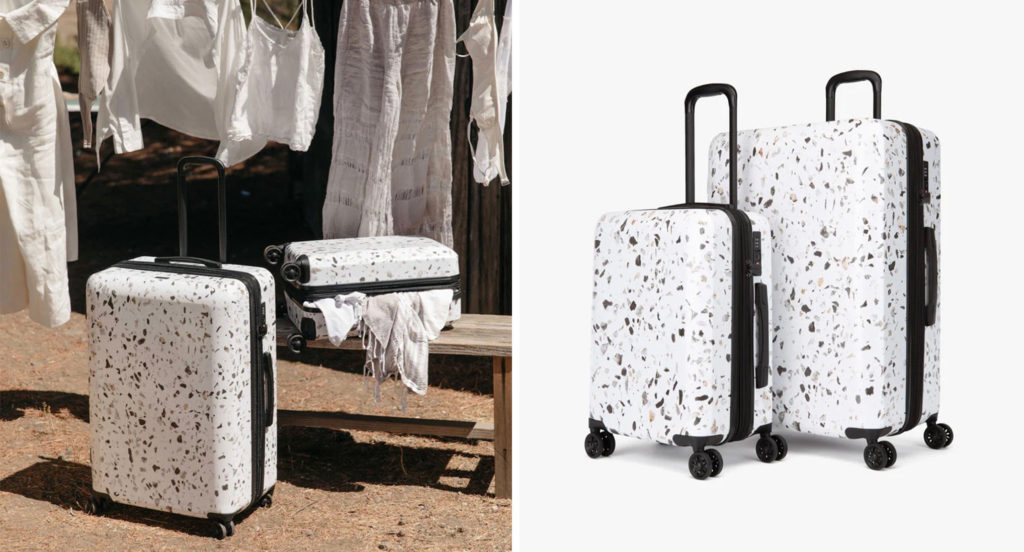 Terrazzo 2-Piece Luggage Set sitting outside in front of a laundry line with clean laundry (left) and a standalone image of Terrazzo 2-Piece Luggage Set on a white background (left)