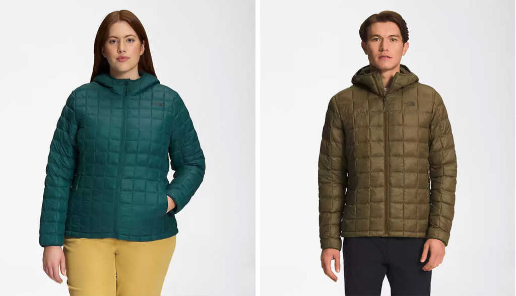 Two models showing the men's and women's styles of The North Face ThermoBall Eco Hoodie