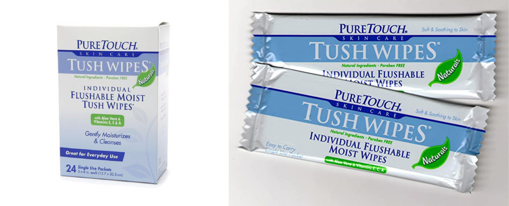 Box of Tush Wipes and individual packets of Tush Wipes