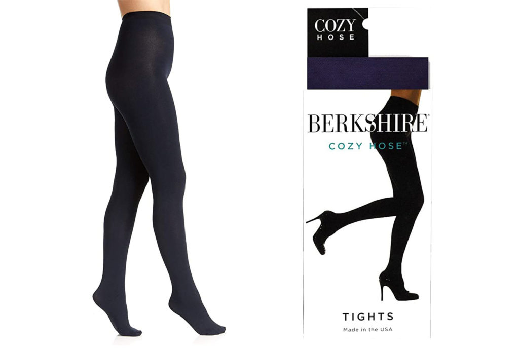 Close up of woman's legs wearing the Cozy Hose Berkshire tights (left) and the Berkshire tights packaging (right)