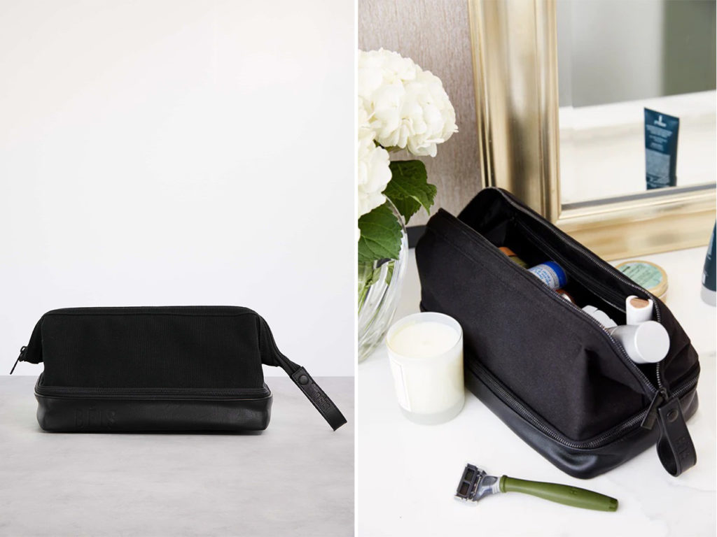 Two images, one closes on a grey backdrop and one open on a bathroom counter, of the Beis The Dopp Kit