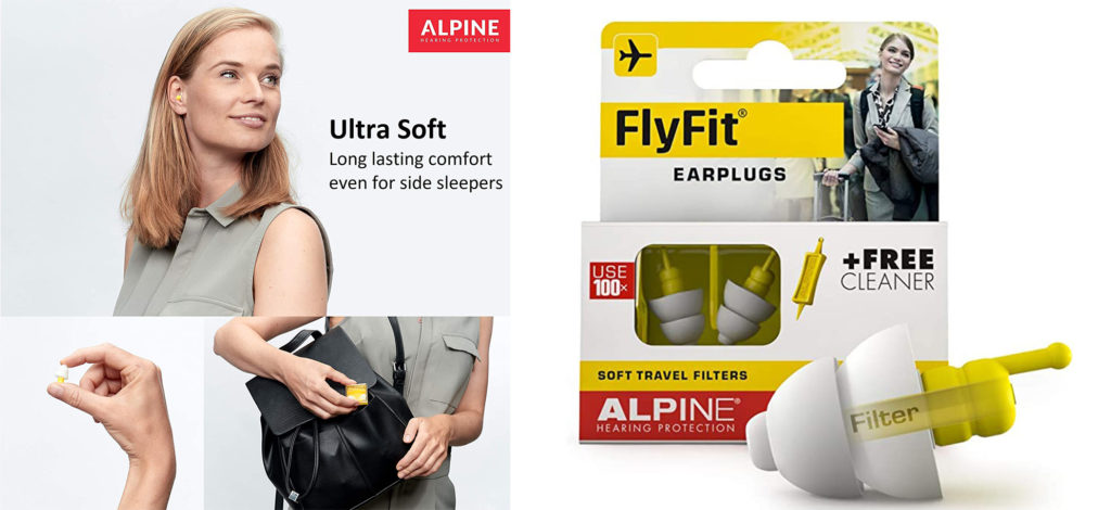 Woman showing camera FlyFit earplugs (left) and FlyFit earplugs in the box (right)