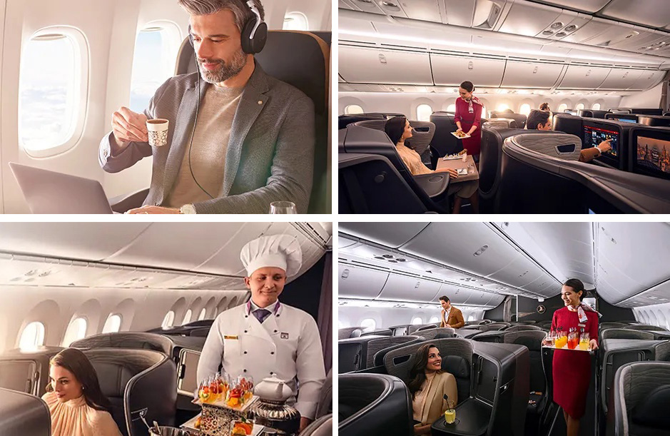 Passengers enjoying food and drink in Turkish Airlines Business Class