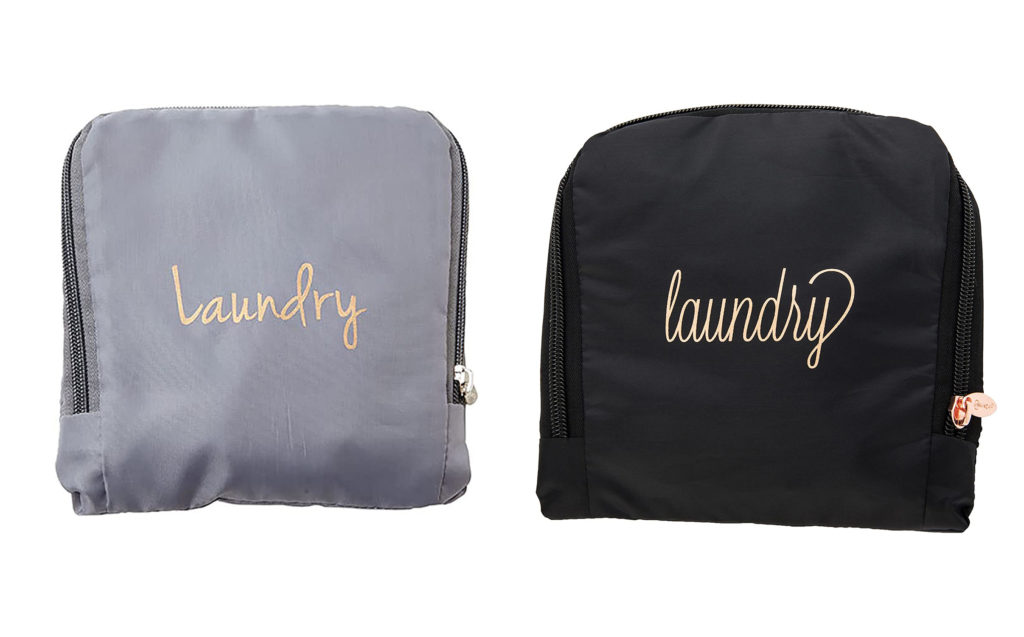 Two designs of zippered laundry bags in grey and black