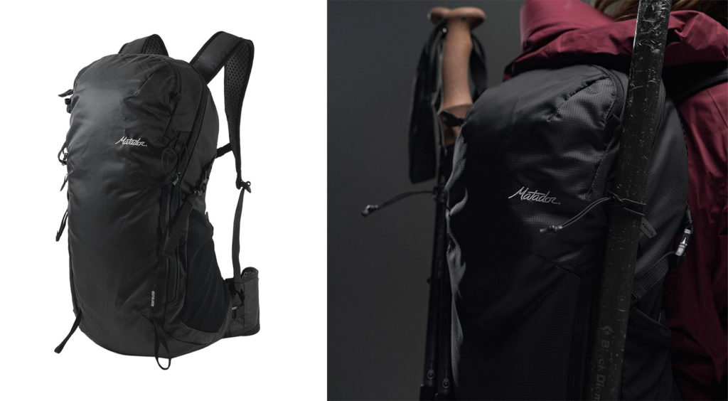 Standalone image of the Matador Beast18 Ultralight Technical Backpack (left) and a close up of the back of a person wearing the Matador Beast18 Ultralight Technical Backpack (right)