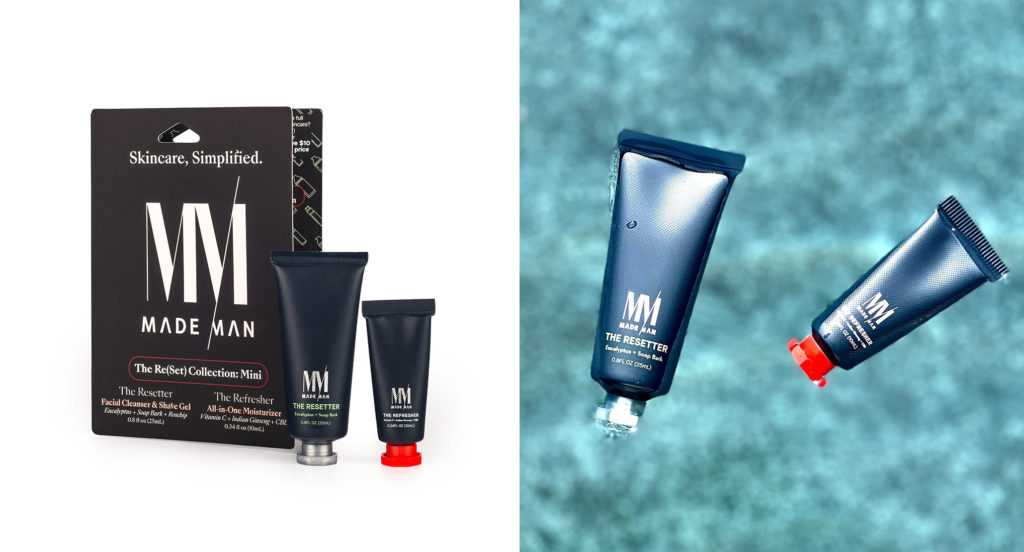 MadeMan Travel Collection Box (left) and two MadeMan Travel Collection products on a blue, water-patterned backdrop (right)