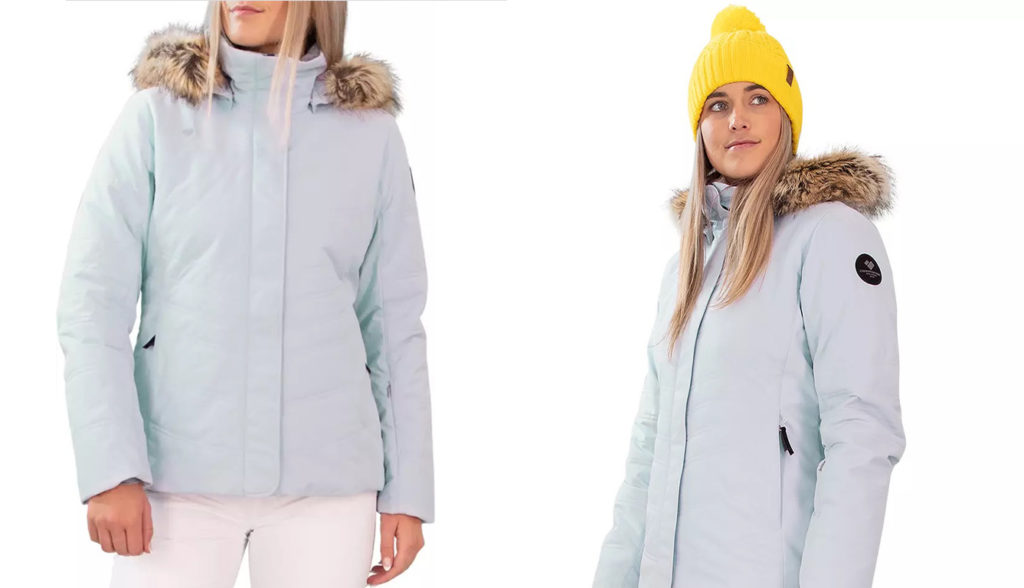 Model showing two angles of the Obermeyer Women's Tuscany II Jacket in light blue