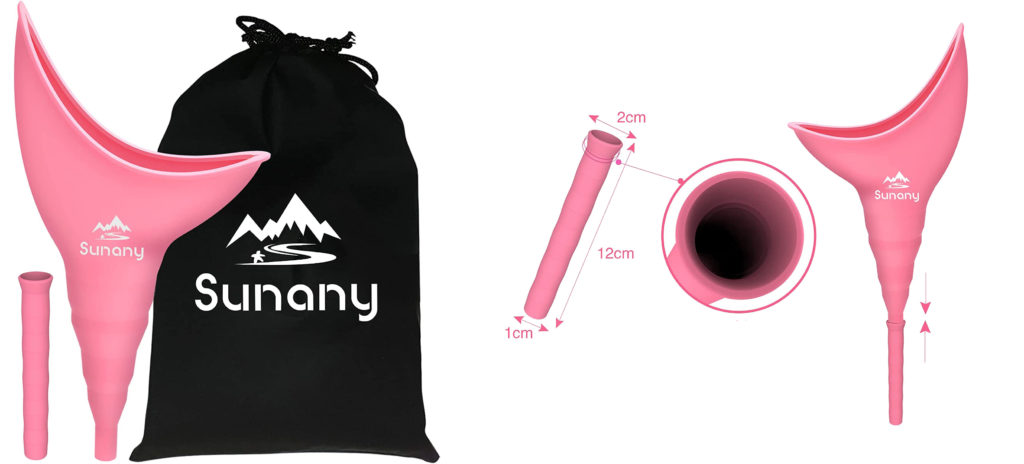 Sunany Female Urination Device set and the different parts of the funnel with the matching measurements