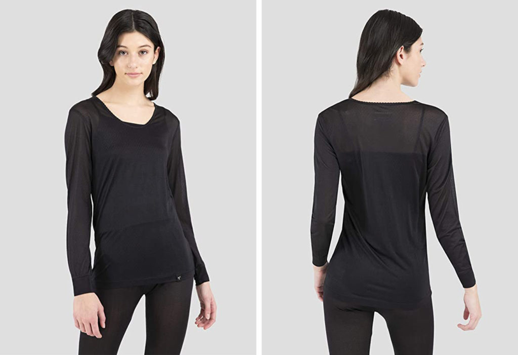 Model showing two angles of Terramar's Thermalsilk long sleeved black t-shirt