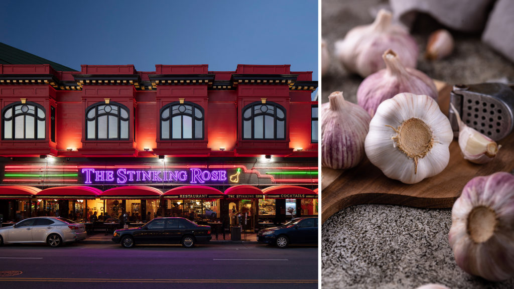 Exterior of The Stinking Rose restaurant in San Francisco, California (left) and pile of garlic on table (right)