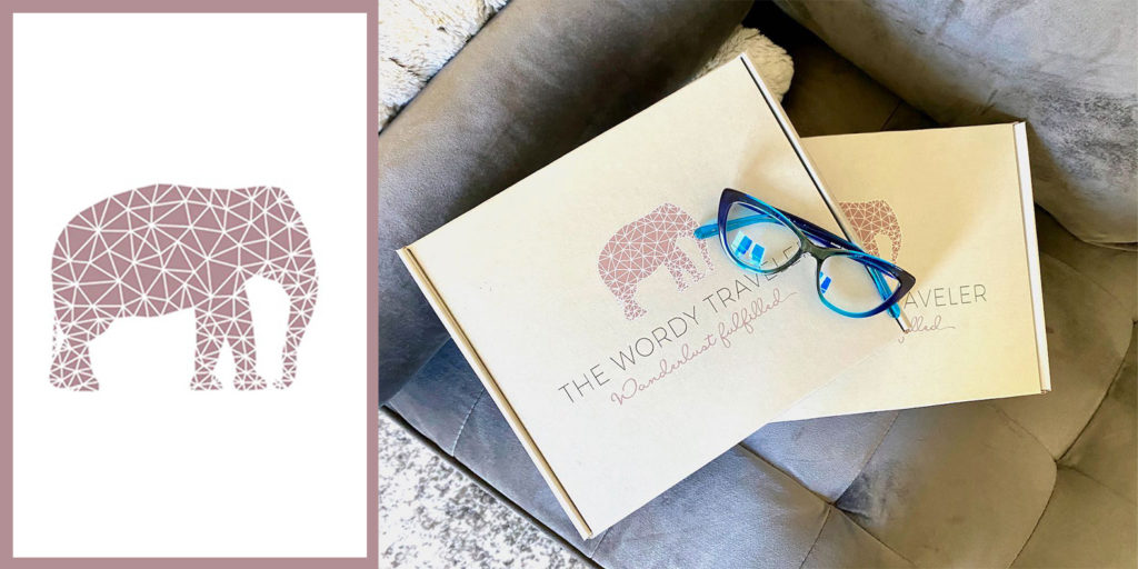 Pink elephant Wordy Traveler logo (left) and two Wordy Traveler subscription boxes with a pair of reading glasses on top (right)