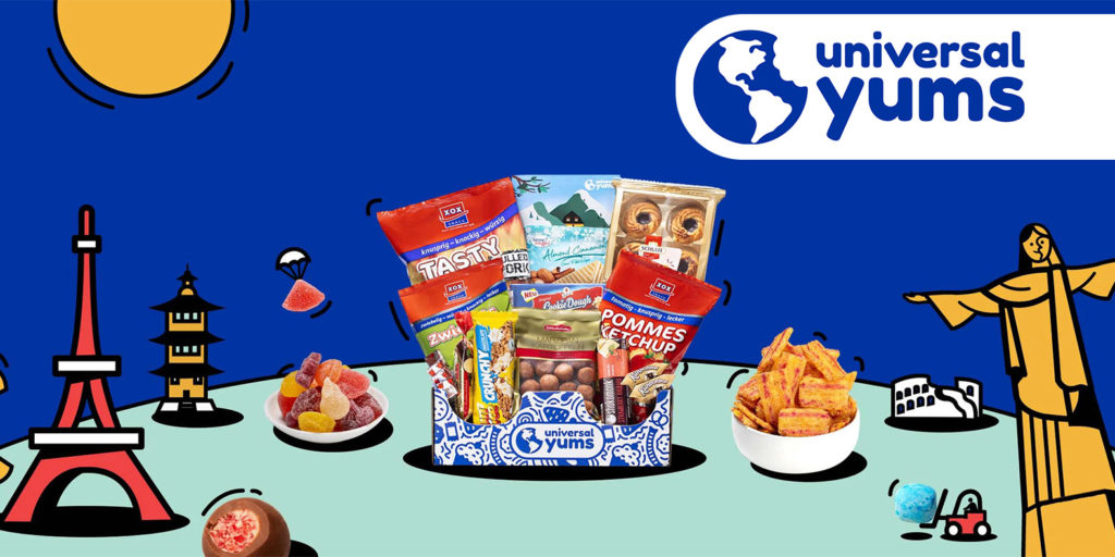 Cartoon depictions of famous landmarks from around the world surrounding a Universal Yums box