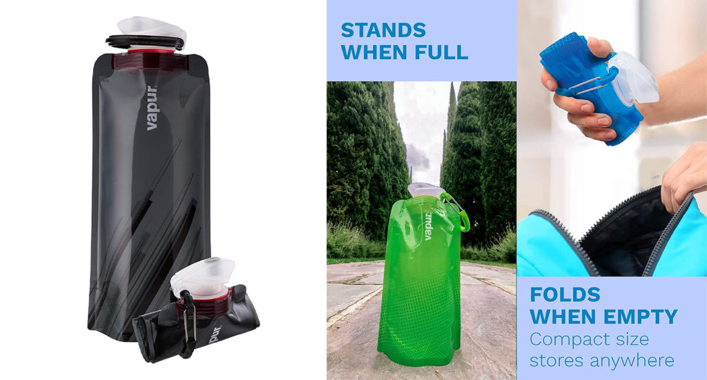 Vapur Foldable Water Bottle (left) and demonstration of the folding function (right)