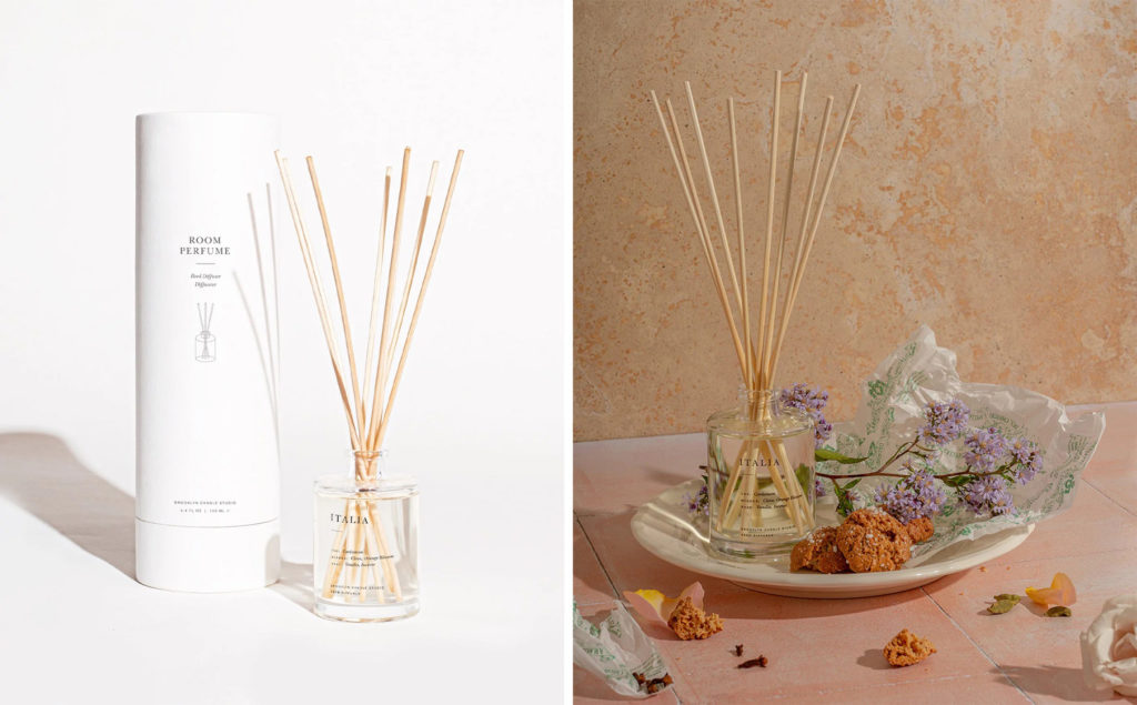 Packaging of the Brooklyn Candle Studio Diffusers next to the open diffuser (left) and the Brooklyn Candle Studio Diffusers set up and surrounded by flowers and a scone (right)