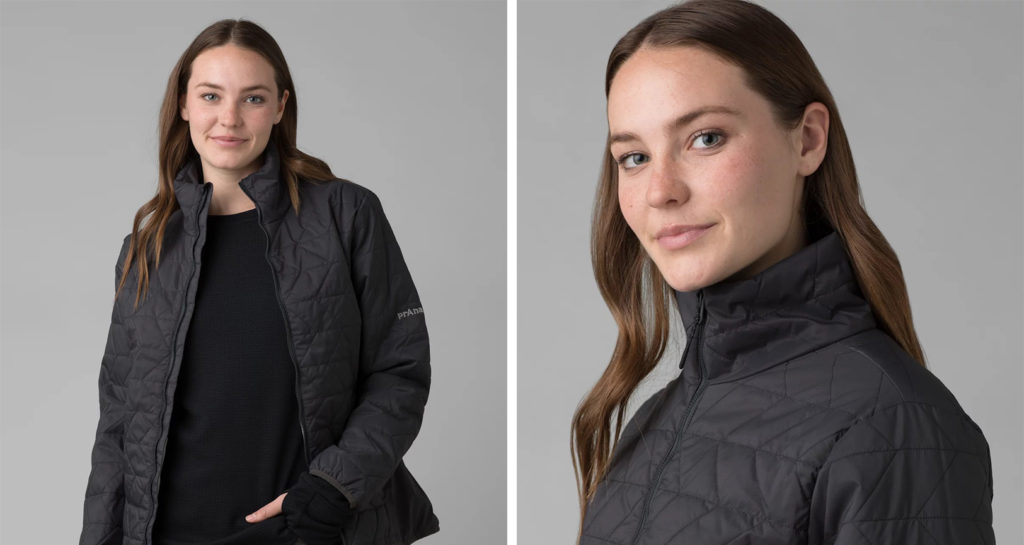Two angles of the same woman wearing prAna Alpine Air Jacket