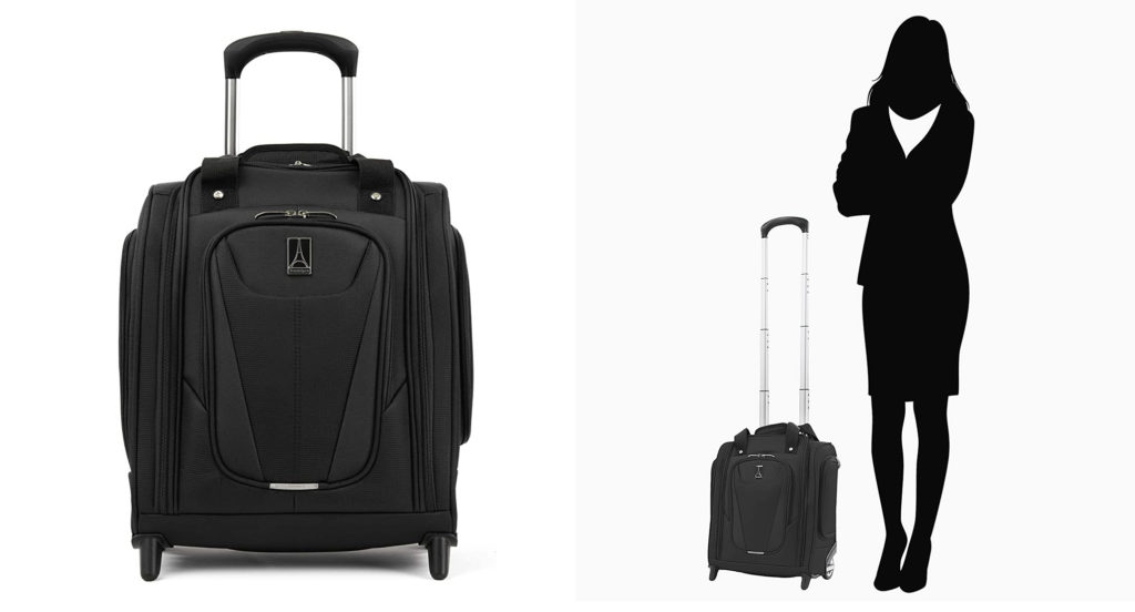 Travelpro Maxlite 5 15” Lightweight Carry-on Rolling Under Seat Bag (left) and Travelpro Maxlite 5 15” Lightweight Carry-on Rolling Under Seat Bag as compared to an average height woman (right)
