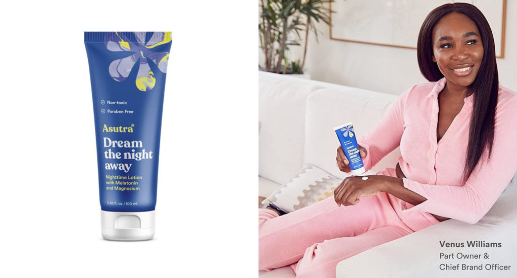 Bottle of Asutra Melatonin Lotion With Magnesium (left) and Venus Williams holding a bottle of Asutra Melatonin Lotion With Magnesium wearing a pink jumpsuit sitting on a white couch (right)