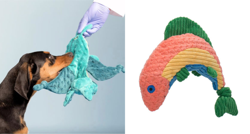Dog chewing on dragon chew toy (left) and colorful dog toy shaped like a fish (right)