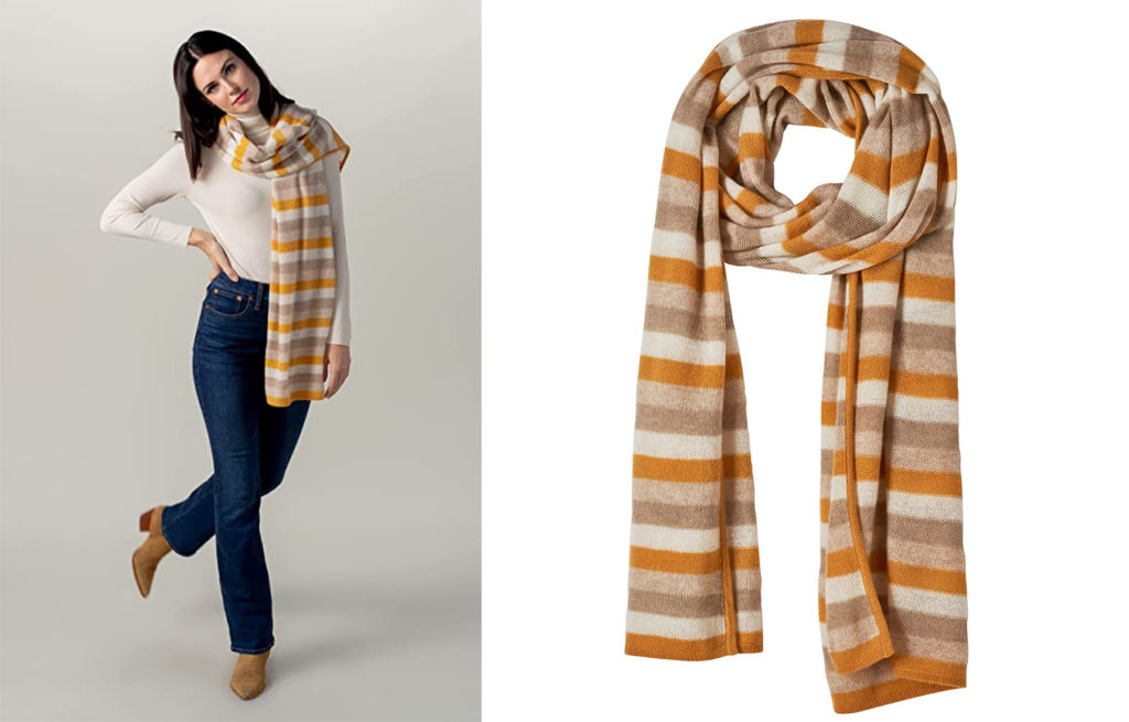 Woman wearing orange striped Alpine Cashmere 100 Percent Cashmere Striped Travel Wrap (left) and Alpine Cashmere 100 Percent Cashmere Striped Travel Wrap (right)