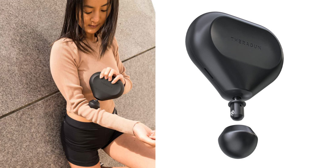 Woman using Theragun Mini Portable Massager to massage arm muscles (left) and Theragun Mini Portable Massager (right)