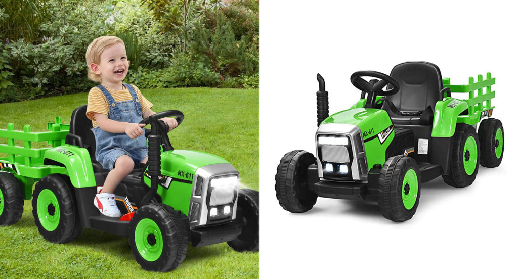 Child riding a Ride-On Tractor (left) and Ride-On Tractor on a white backdrop (right)